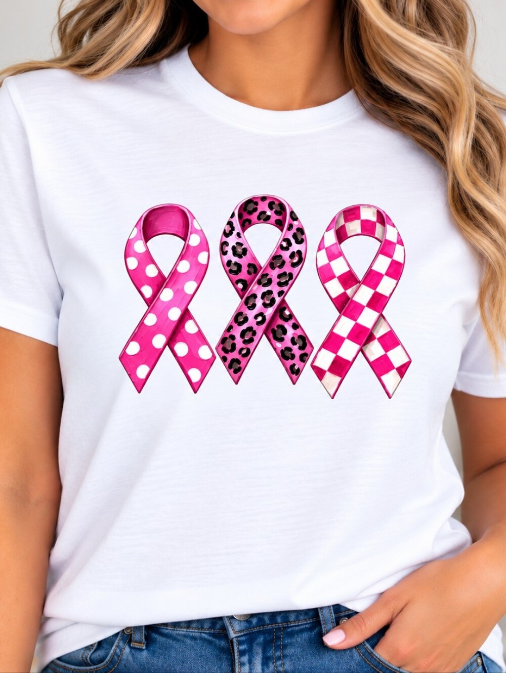 Breast Cancer Awareness Pink Ribbon Graphic Short Sleeve Tee